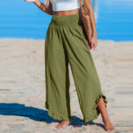 Pleated Asymmetrical Hem Cotton-linen Loose-fit Casual Pants