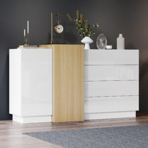 White High-Gloss Sideboard Cupboard With 4 Drawers, Modern Dining Room Large Display Storage Cabinet With 2 Doors, Natural Wood Color,Unit For Living Room Kitchen And Bedroom,140 X35x76.5 Cm