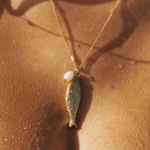 Stainless Steel Necklace With An 18K Gold plated Baroque Freshwater Pearl Pendant In The Shape Of A Small Fish