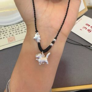 1pcs 999 Sterling Silver Cute Cat & Star Bead Black Cord Braided Necklace, Minimalist Elegant Chinese Style, For Women Daily Casual Wear & Girlfriend Birthday Valentine Gifts