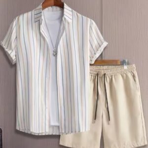 Simple And Stylish Striped Lapel Short-sleeve Shirt And Shorts Two-piece Set