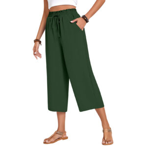 Solid-color Elastic-waist Drawstring Loose-fitting Wide-leg Pants