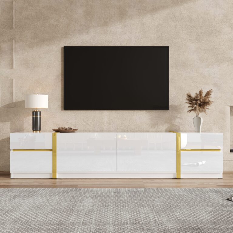Luxury TV Cabinet Stand Featuring A High-gloss Finish And Gold Trim Includes Drawers And Doors. Modern Style Offering Ample Storage Space For The Living Room.