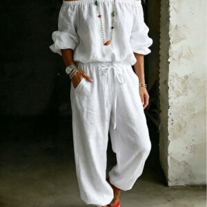 One-shoulder Top And Casual Drawstring Jogger Pants Jumpsuit Set