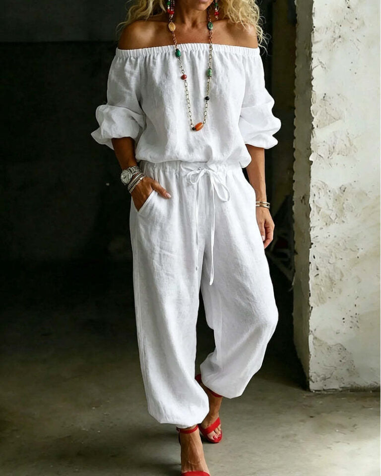 One-shoulder Top And Casual Drawstring Jogger Pants Jumpsuit Set
