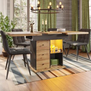 Telescopic Dining Table 110 140 X 80 Cm, Foldable Kitchen Table For 4 -6 People, Extendable Dining Table, Space Saving Kitchen Table, For Kitchen And Living Room, Table With LED Lighting
