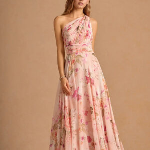 One-Shoulder Floral Print Waisted Sleeveless Maxi Dress