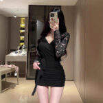 Black Elegant V-neck Long-sleeve Slip Dress