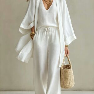 Womens Casual Three-piece Set Nine-quarter-sleeve Cardigan Sleeveless Vest And Long Pants