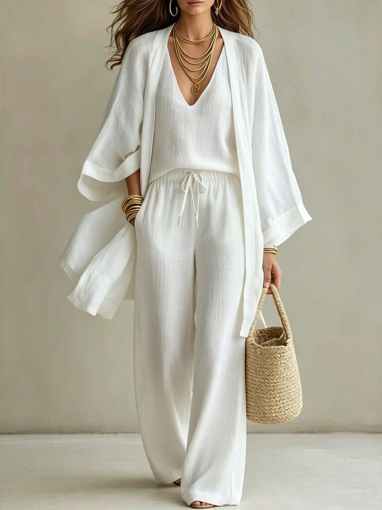 Womens Casual Three-piece Set Nine-quarter-sleeve Cardigan Sleeveless Vest And Long Pants