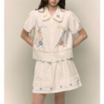 Retro Sweet Floral Embroidered Peter Pan Collar Shirt And Skirt Set