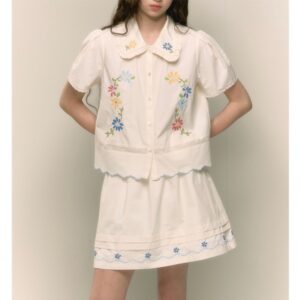 Retro Sweet Floral Embroidered Peter Pan Collar Shirt And Skirt Set