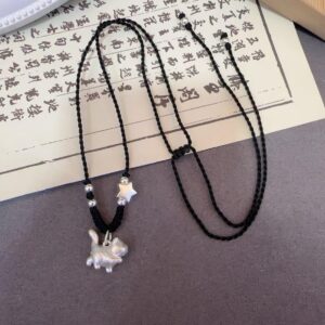 1pcs 999 Sterling Silver Cute Cat & Star Bead Black Cord Braided Necklace, Minimalist Elegant Chinese Style, For Women Daily Casual Wear & Girlfriend Birthday Valentine Gifts