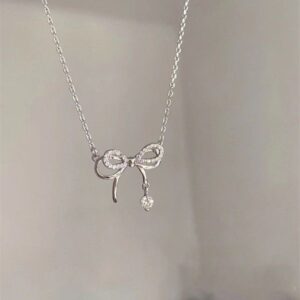 1pcs 999 Sterling Silver Bowknot & CZ Drop Necklace, Elegant Trendy Style, Ideal For Birthday & Valentine’s Gifts