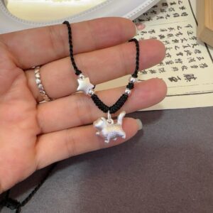 1pcs 999 Sterling Silver Cute Cat & Star Bead Black Cord Braided Necklace, Minimalist Elegant Chinese Style, For Women Daily Casual Wear & Girlfriend Birthday Valentine Gifts