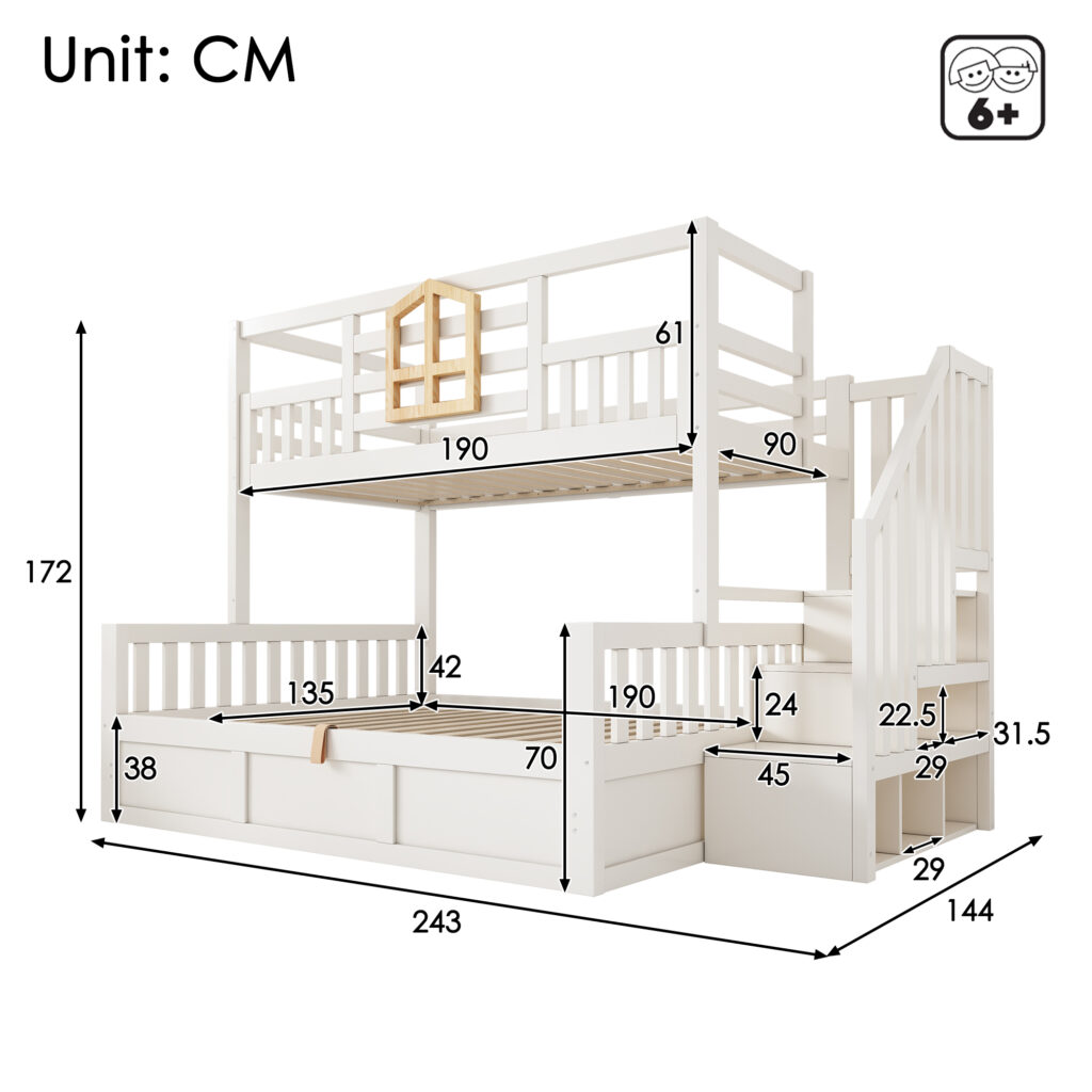 Bunk Beds For Kids, Staircase Bunk With Hydraulic Storage, Children S Bed With Storage Cube, Double Bunk Bed For Family With Multiple Children, 90 135 X 190 Cm, Solid Wood, White