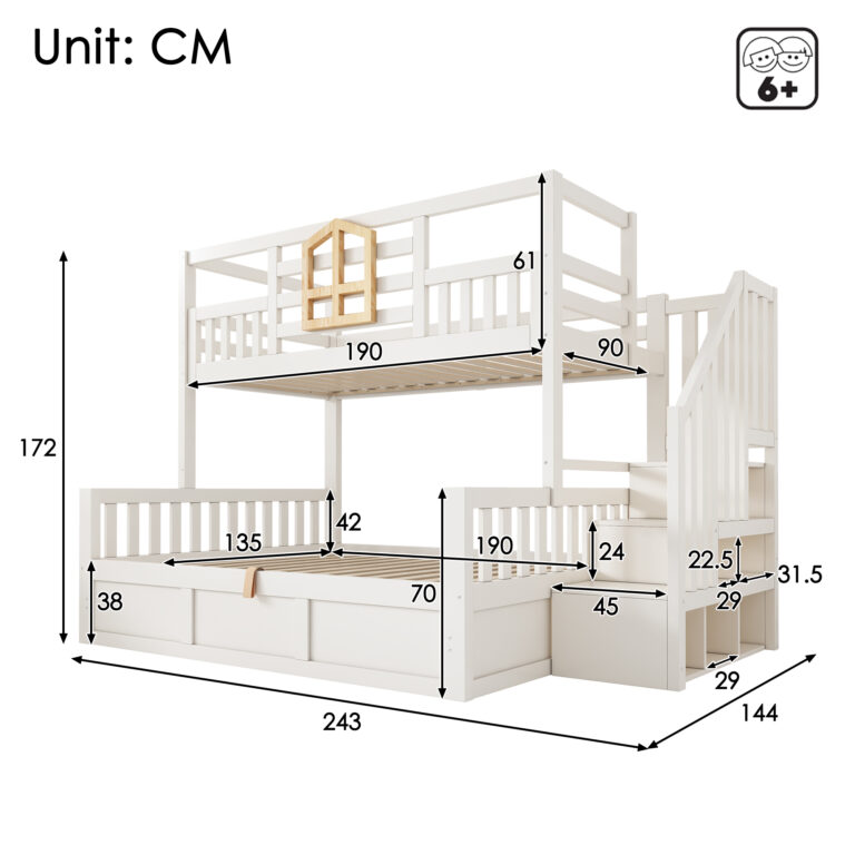 Bunk Beds For Kids, Staircase Bunk With Hydraulic Storage, Children S Bed With Storage Cube, Double Bunk Bed For Family With Multiple Children, 90 135 X 190 Cm, Solid Wood, White