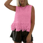 European And American Style Heavy Industry Tassel Hem Knitted Vest Solid Color Round Neck Sleeveless Outerwear Casual Versatile Short Top
