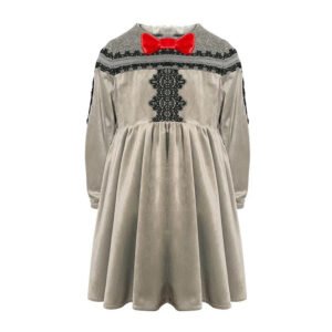 Girls Grey Velvet-Cotton Long Dress Kids Vintage Lace Outfit 3-10Y Spring