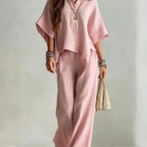 Loose Fit Linen Blend Collared Shirt & Wide Leg Pants Two-Piece Set