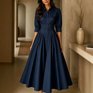 Cotton-linen Blend Single-breasted High-waisted Solid-color Dress