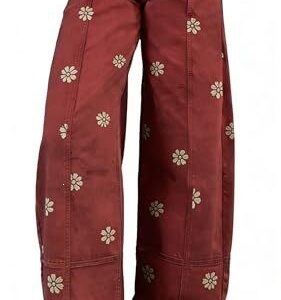 Floral-print Wide-leg Pants Loose-fitting Vintage-style Denim Imitations