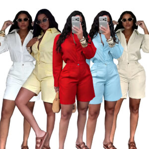 Fashionable Lapel-Collar Casual Long-Sleeve Shirt And Shorts Set