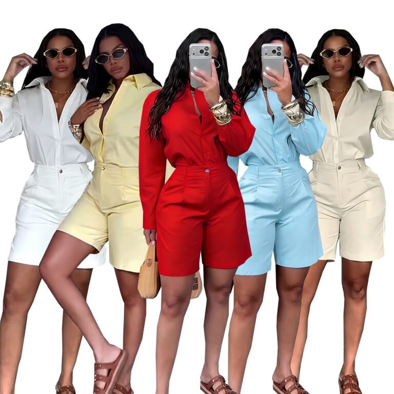 Fashionable Lapel-Collar Casual Long-Sleeve Shirt And Shorts Set