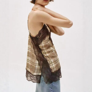 Fashionable V-neck Plaid Lace Camisole