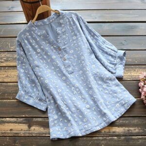 Printed Stand-collar Shirt Loose-fit Casual Batwing-sleeve Blouse