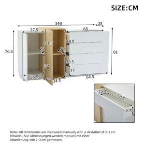 White High-Gloss Sideboard Cupboard With 4 Drawers, Modern Dining Room Large Display Storage Cabinet With 2 Doors, Natural Wood Color,Unit For Living Room Kitchen And Bedroom,140 X35x76.5 Cm