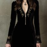 Elegant Vintage Black Velvet Gold Embroidery And Zip Front Mini Dress