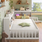 3ft Single Floor Bed Frame With Beside Bookcase And Storage Shelves, Full Floor Bed Frame With Guardrails And Door For Bedroom, USB And Type - C Ports, White No Mattress