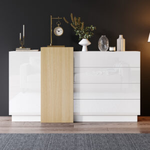White High-Gloss Sideboard Cupboard With 4 Drawers, Modern Dining Room Large Display Storage Cabinet With 2 Doors, Natural Wood Color,Unit For Living Room Kitchen And Bedroom,140 X35x76.5 Cm