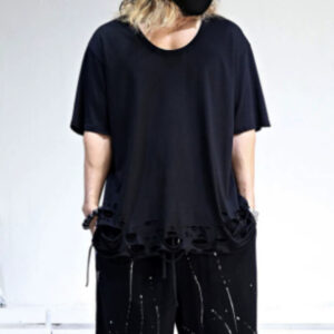 Loose Bottom Distressed Cut Edge Hole Design Retro U-neck Short Sleeved T-shirt