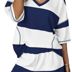 Color Block Striped V-Neck Top & Elastic Waist Shorts Two Piece Outfit