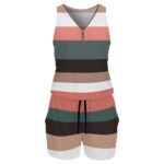 Womens V-neck Zip-up Striped Sleeveless Jumpsuit Shorts