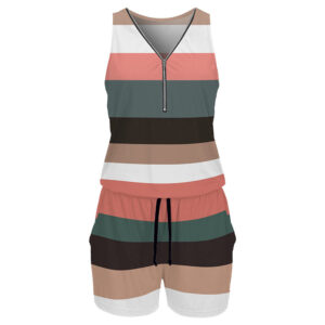 Womens V-neck Zip-up Striped Sleeveless Jumpsuit Shorts