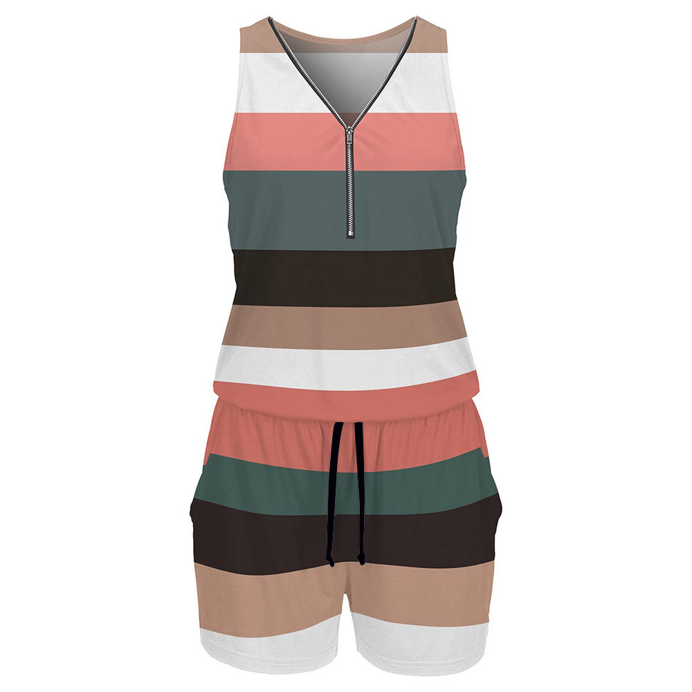 Womens V-neck Zip-up Striped Sleeveless Jumpsuit Shorts