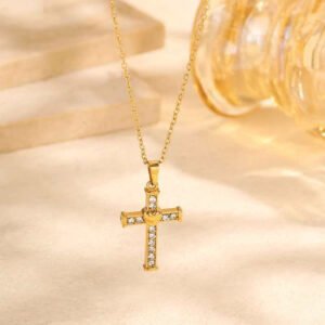 Stainless Steel Inlaid Rhinestone Heart-shaped Cross Pendant Necklace