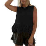 European And American Style Heavy Industry Tassel Hem Knitted Vest Solid Color Round Neck Sleeveless Outerwear Casual Versatile Short Top