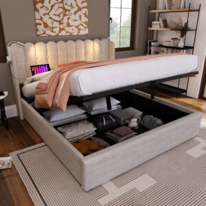 Upholstered Bed Double Bed Reading Light With Charging Function Head Part Storage Bed Frame Linen Material Youth Bed 140×200 With Slate Rust,Of Course Without Mattress