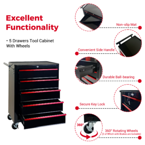 5 Drawer Rolling Tool Chest, Ball Bearing Slides, Steel Storage For Garage And Workshop