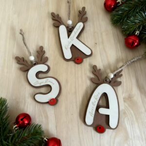 Rustic Wooden Reindeer Alphabet Christmas Ornament, Custom Name Hanging Decoration For Christmas Tree