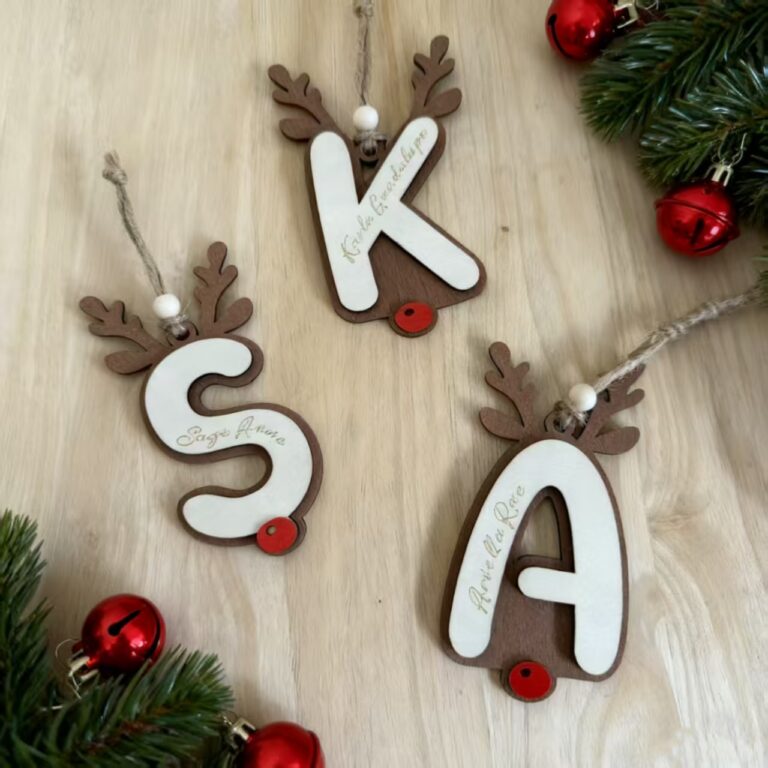 Rustic Wooden Reindeer Alphabet Christmas Ornament, Custom Name Hanging Decoration For Christmas Tree