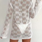Women Hollow Woven Long Sleeve Tie Front Cardigan, European American Sun Protection Bikini Cover Up, Casual Beach Outerwear