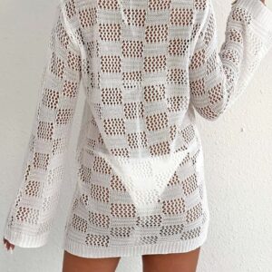 Women Hollow Woven Long Sleeve Tie Front Cardigan, European American Sun Protection Bikini Cover Up, Casual Beach Outerwear