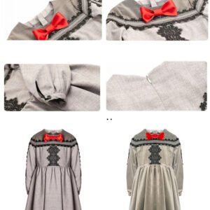 Girls Grey Velvet-Cotton Long Dress Kids Vintage Lace Outfit 3-10Y Spring