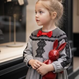 Girls Grey Velvet-Cotton Long Dress Kids Vintage Lace Outfit 3-10Y Spring