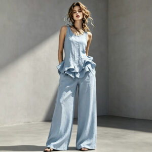 Sleeveless Ruffle Hem Top & High-Waisted Wide Leg Pants Two-Piece Set